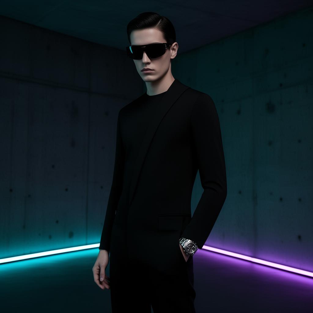 A figure in a cyber-luxury minimalist black silhouette